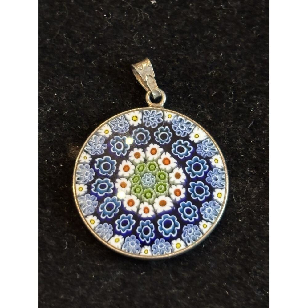 AMV 925 sterling silver millefiori Flower Nature blue glass pendant